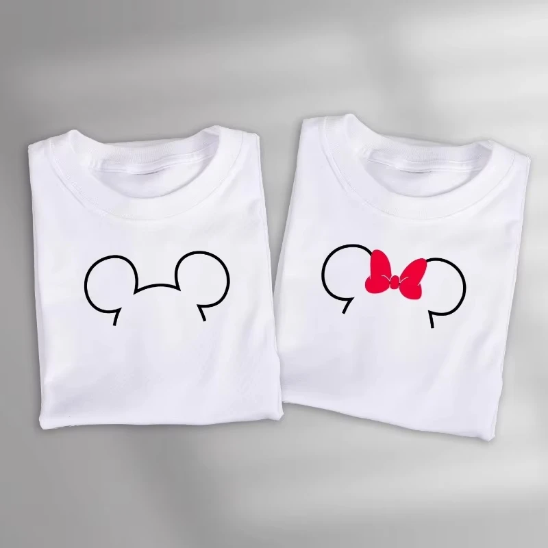 Sketch Cartoon Couple Mouse Matching Tee, Black Line Drawing Print Soft Cotton Tops For Couple Daily Dating Casual Outfits