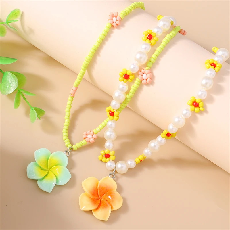 2-teiliges Set Modische Handgefertigte Perlenketten für Frauen, Blumenanhänger-Halsketten, Schmuckgeschenke für Mädchen, Party, Festival – Detail 2