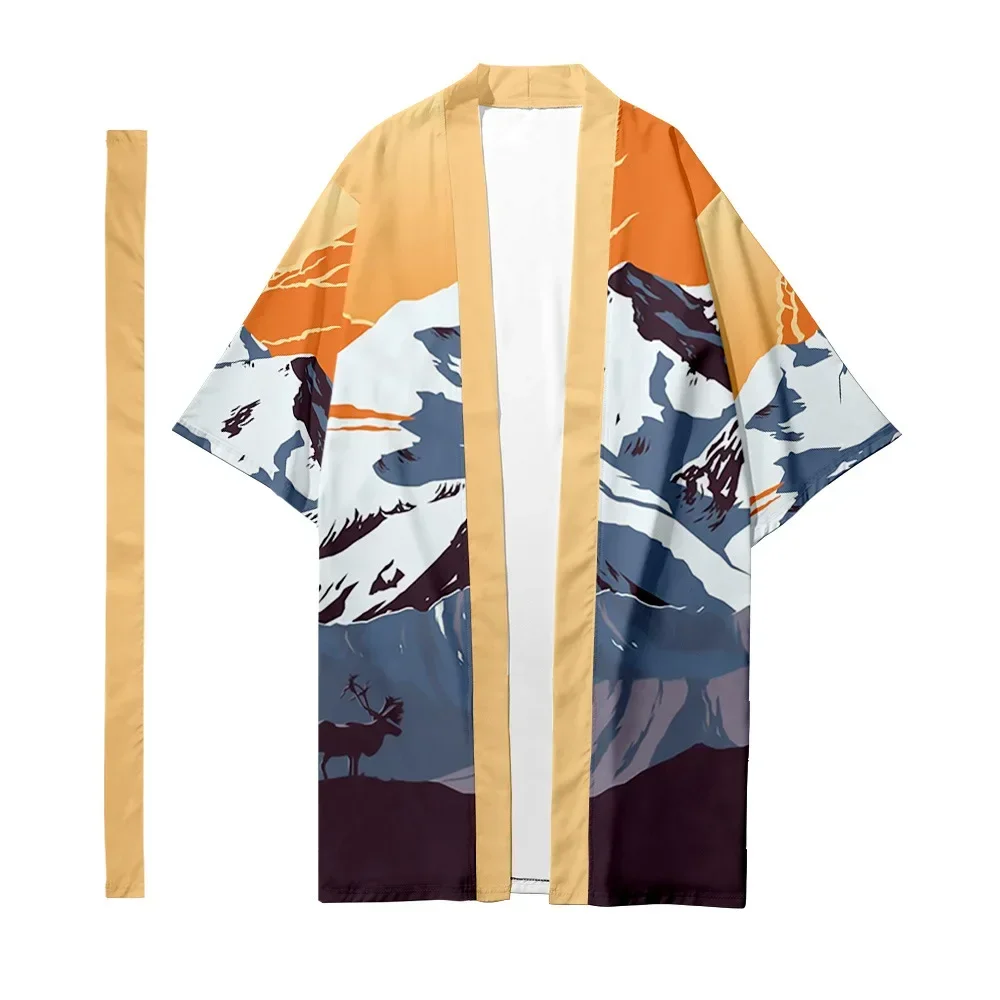 

Men's Japanese Long Kimono Cardigan Women Samurai Costume Kimono Mountain Pattern Kimono Shirt Stylish Yukata Outer Cover Chic