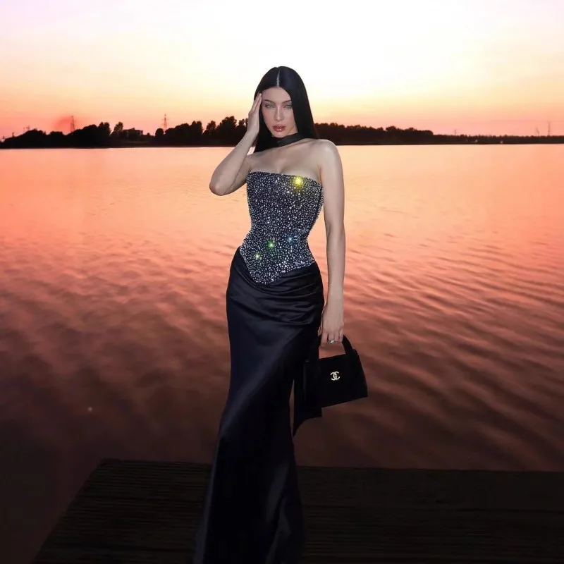 

Diamonds Fishbone Corset Tops with Scarf Ribbon Women Sexy Strapless Grommet Lace Up Backless Slim Tank Party Clubwear Vests