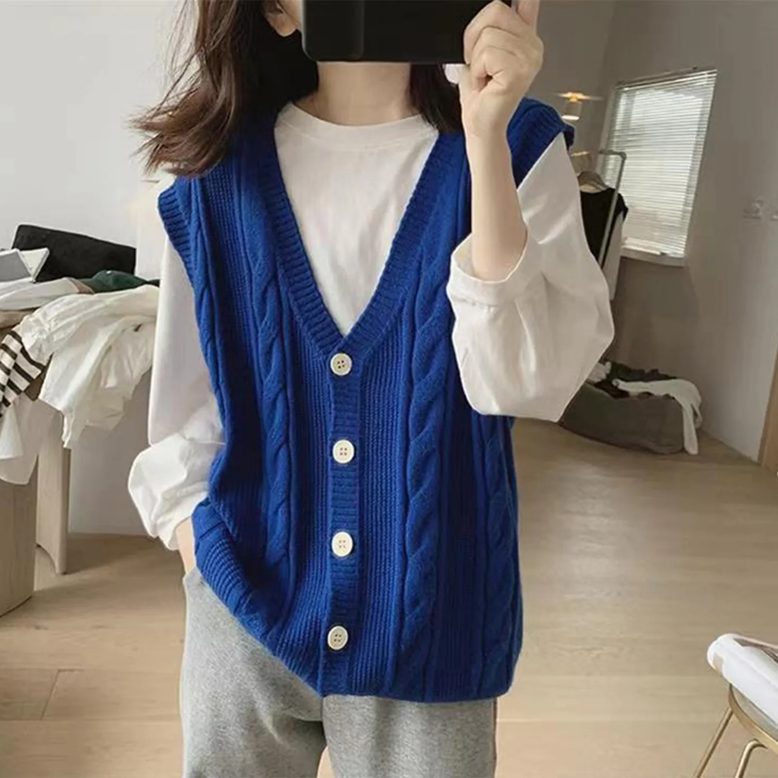 V-neck Lazy Style Knitwear Jacket Women's Spring And Autumn Age Reducing Korean Version Loose Casual And Versatile Vest Cardigan