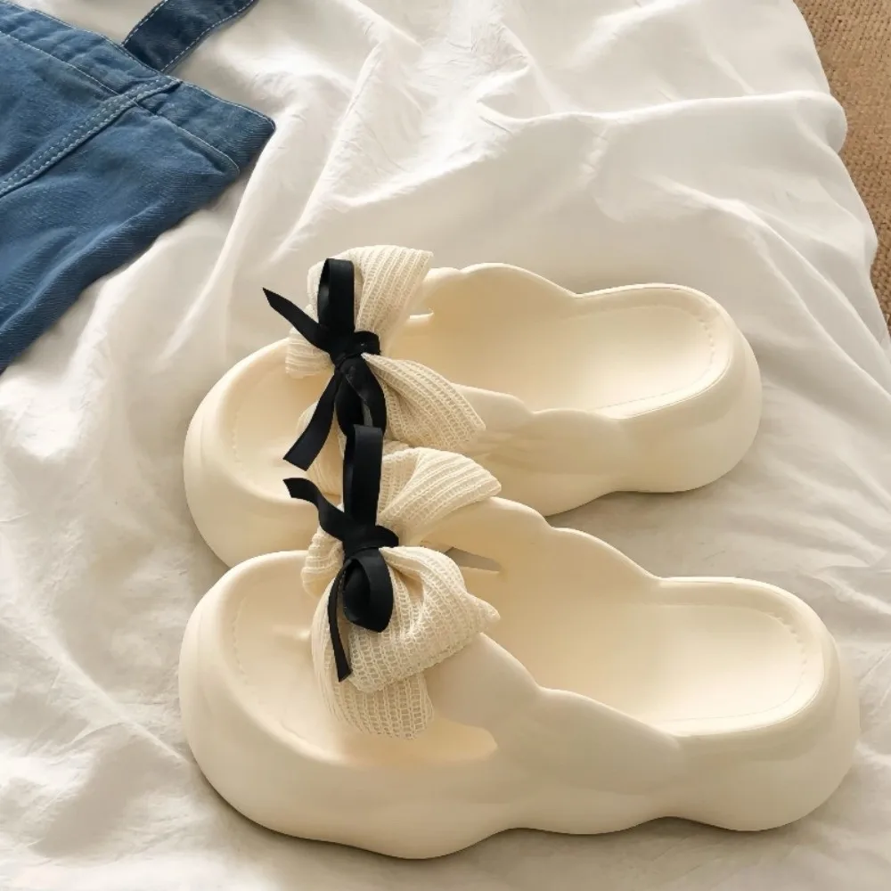 

Non-slip Bowknot Cloud Slippers Height Increasing Black White Bow Slides Sandals Thick Soled Casual Thick Bottom Slippers Ladies