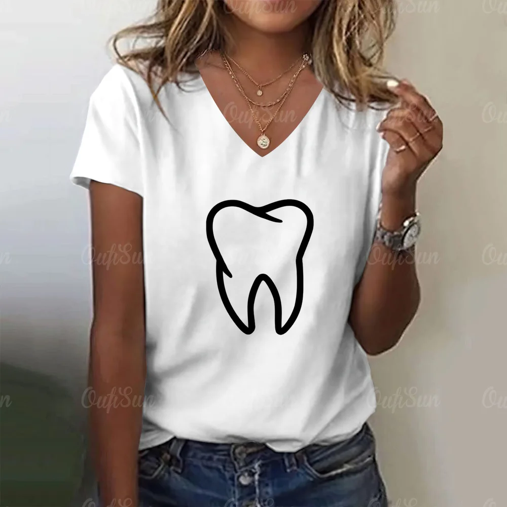 Tooth And Dentist Graphic Aesthetic Women Funny Print Ladies T-Shirt Girl Y2k Harajuku Basis V-Neck White Shirt Short Tops