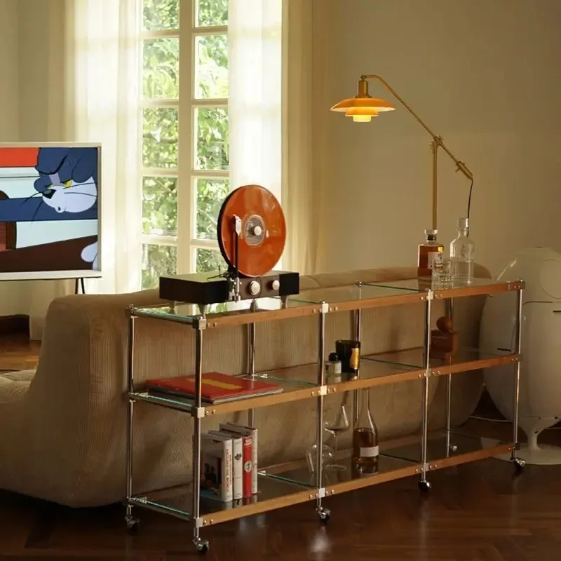 Medieval solid wood cart rack, multi-layer storage, floor-to-ceiling retro home storage rack, display rack, movable side table