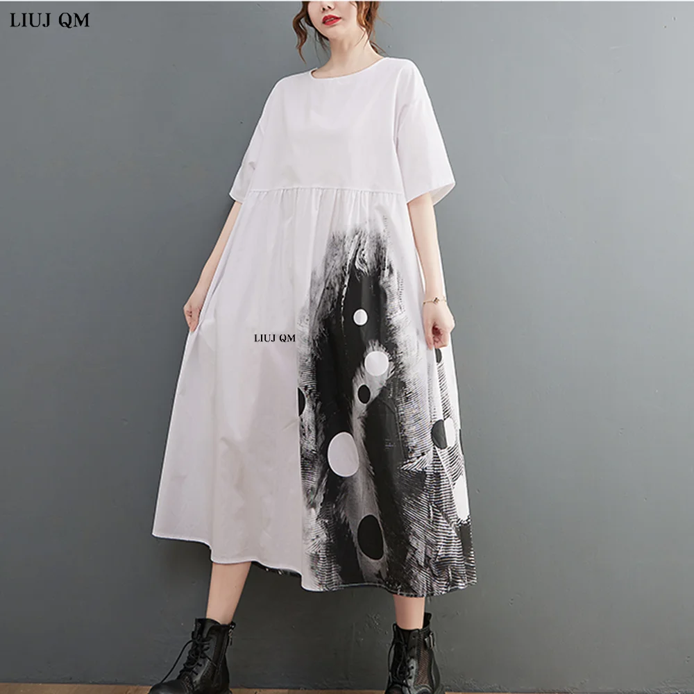 2023 Plus Size Summer White Patchwork Print abiti per le donne manica corta allentato Casual Vintage Dress Fashion abbigliamento elegante