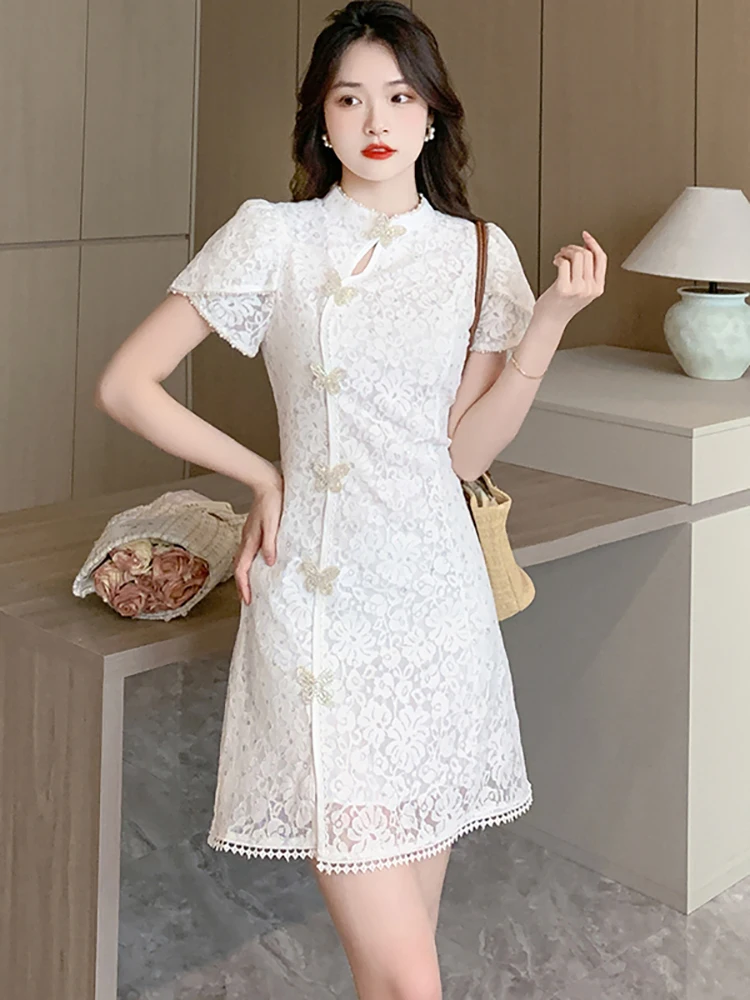 Black Lace Hook Flower Hollow Bow Y2k Mini Dress Women Summer Elegant Embroidered Flares Dress 2024 New Korean Luxury Prom Dress