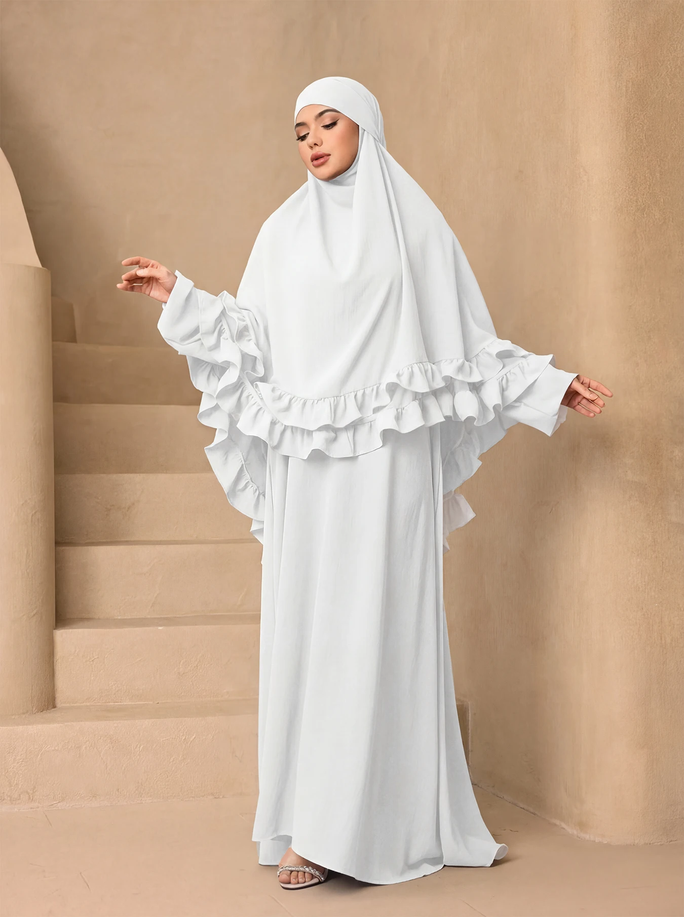 Elegant Ruffle Layer Khimar Abaya Two Piece Set,Loose Modest Long Prayer Dress With Flounce Hijab For MuslimWomen Eid Daily Wear view 4