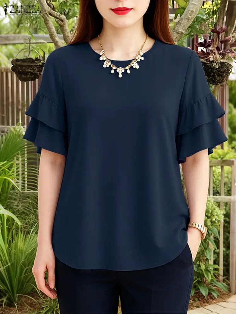 ZANZEA 2025 여름 오피스 블라우스 여성 우아한 O넥 반팔 블라우스 스타일리시한 솔리드 OL 워크 탑 여성 휴가 셔츠