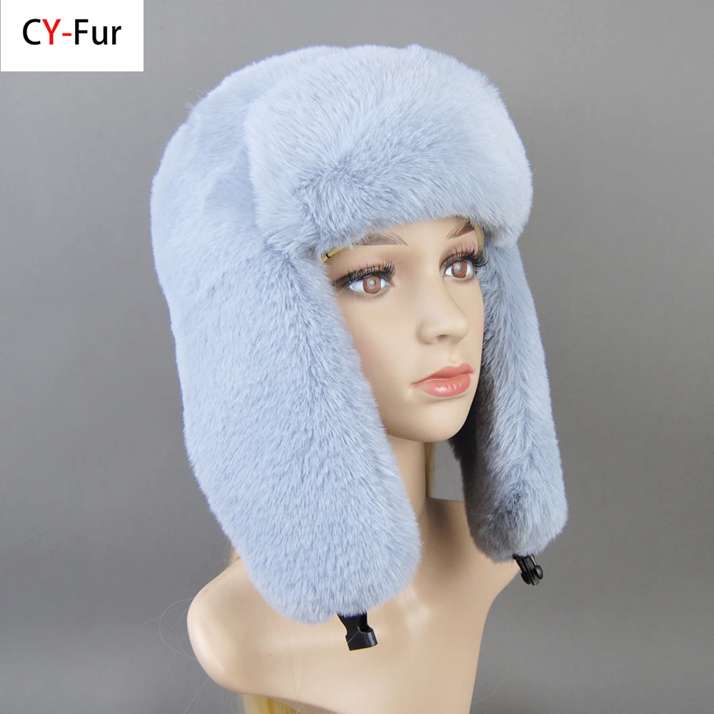 

Winter Russian Woman Fashion False Rex Rabbit Fur Hats Luxury False Rex Rabbit Fur Leather Cap Women’s Artificial Fur Bomber Hat