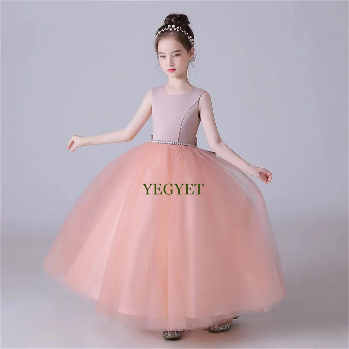 

Girls Birthday Party Gown Backless Bow Tulle Princess Pageant Ball Gown Flower Girl Dress Junior Bridesmaid