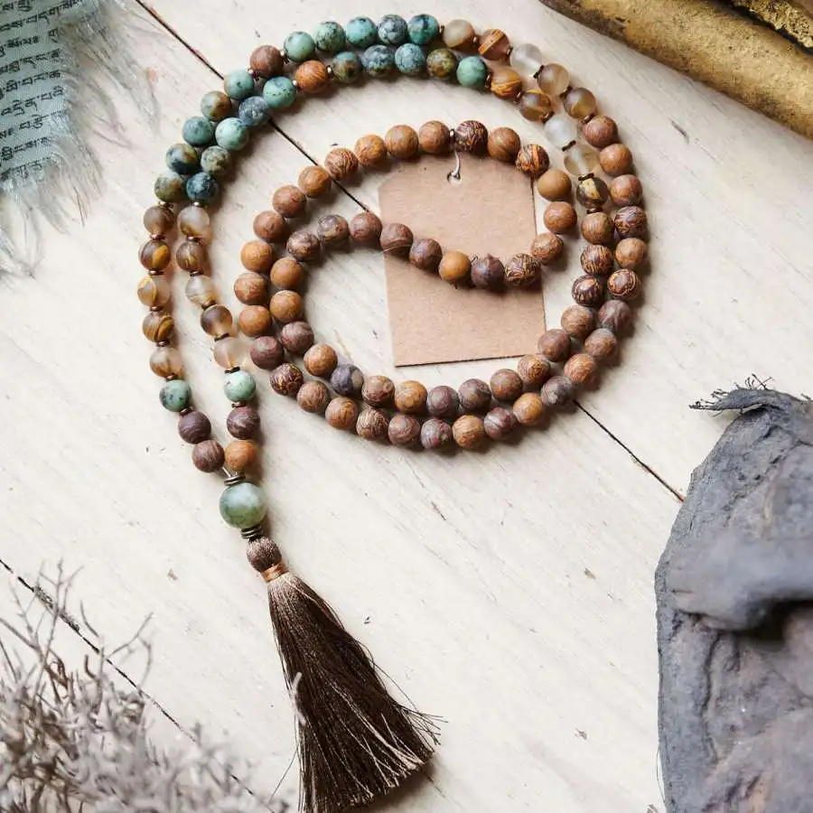 

Natural Wood & Amazonite 108 Mala Beads Necklace Boho Earthy Grounding Energy Jewelry