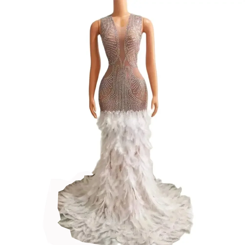 

Sexy Sparkly Rhinestone White Feather Long Train Dress Wedding Birthday Transparent Mesh Costume Evening Club Dress