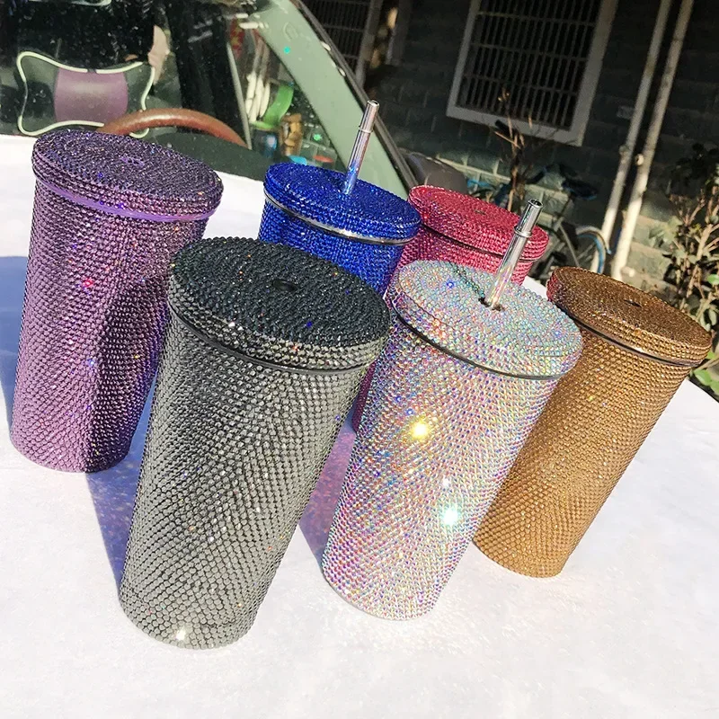 750ml Bling Diamond Thermos Cup Portable Stainless Steel with Straw Glitter Rhinestone Water Mug Thermal Flask for Women Gril