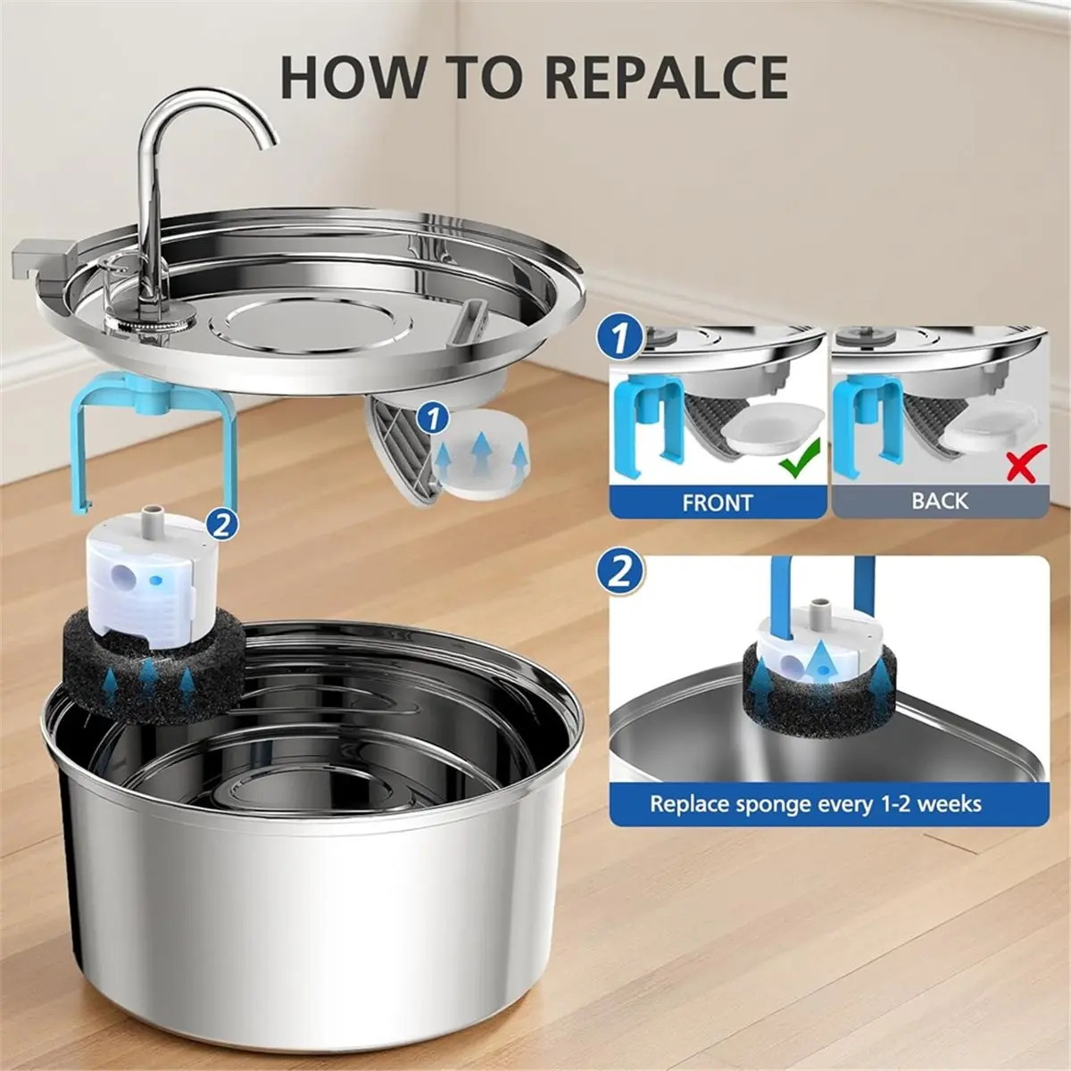 50 Pack Cat Water Fountain Filters for 108/3.2L& 67oz/2L Stainless Steel Pet Water Dispenser Cat/Dog Fountain Filter