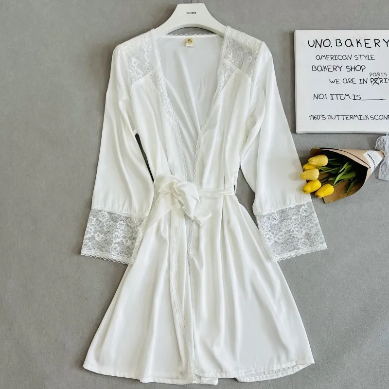 White Bride Wedding Robe Nightgown Spring Summer Kimono Bathrobe Sleepwear Satin Dressing Gown Home Dress Loungewear