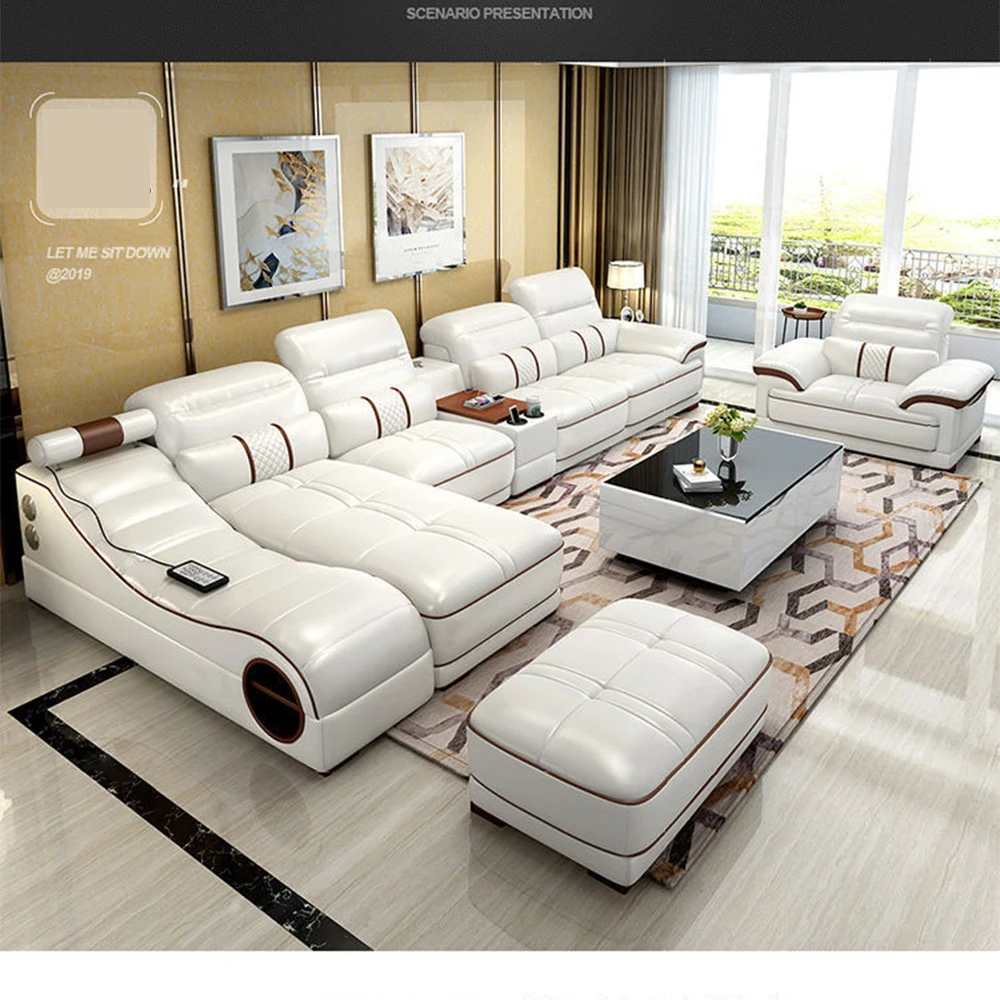 

Linlamlim Modern Luxury Sectional Sofa Set with Chaise Lounge – Italian Genuine Leather Couch with Speakers, USB Port & Storage