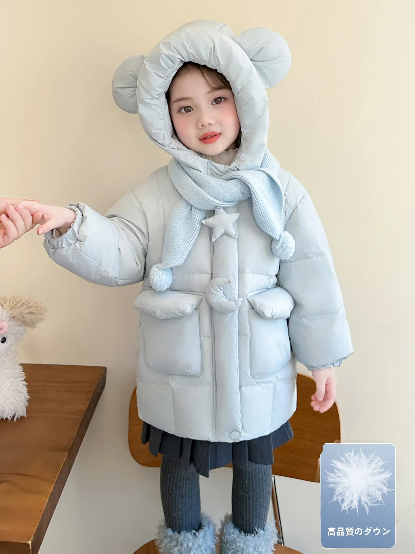 girls-winter-puffer-jaet-thiened-white-du-down-waist-cinching-hooded-coat-medium-length-zipper-closure-children's-outer