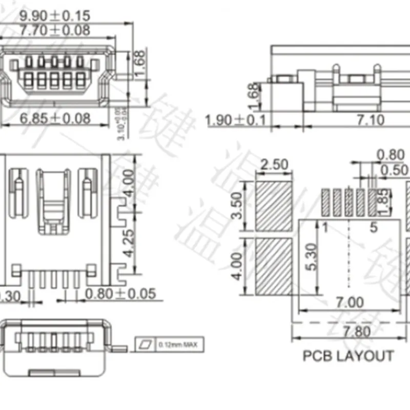 10pcs USB socket Pin patch Socket Mini 5P USB Sinking type A.B type 180 degrees female