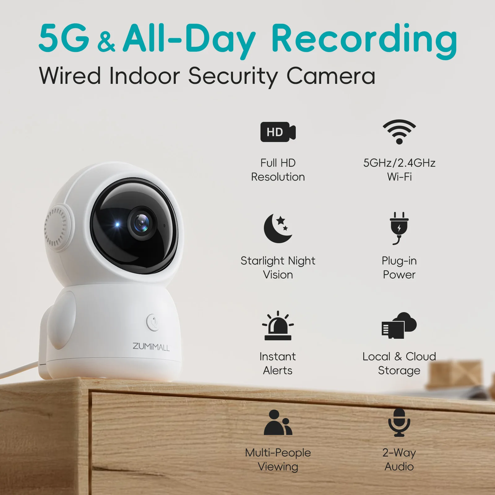 ZUMIMALL Wired security Camera, 5G/2.4G WiFi Baby/Pet Monitor with Camera and Audio,One-Click Call, Auto Tracking, Cry/PIR/AI