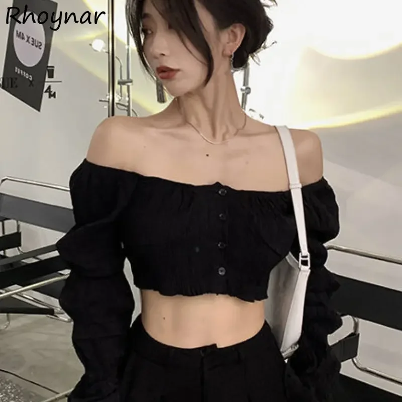 

Black Shirts Women Casual Hotsweet Sexy Slash Neck Spring New Temper Korean Style Off Shoulder Female Prevalent Streetwear Solid