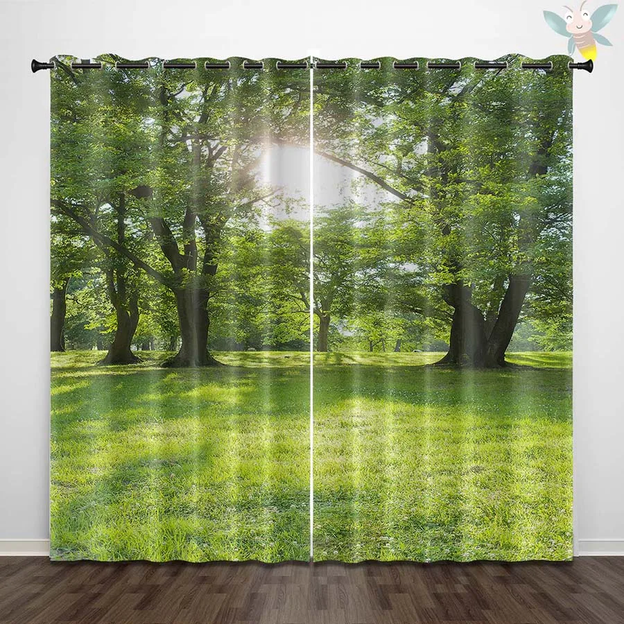 2PC high blackout perforated curtains, double-sided matte, bedroom, balcony, living room, sunny forest and natural green space