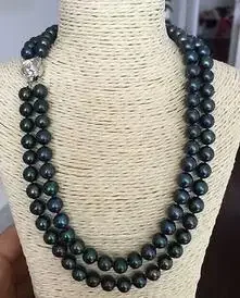 9- 10mm Round Tahitian Peacock Green Pearl Necklace 18inch 19inch S925 Silver Clasp