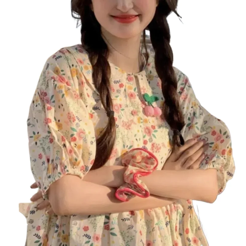 

Ruffled Neck Sweet Summer New 2024 Puff Loose Covering Meat Fashion Floral Office Lady All-match Elegant Pullovers Tops
