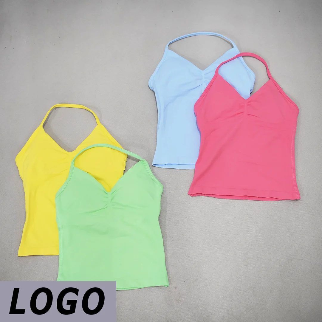 DF LOGO Women Seamless Longline Strappy Yoga Vest V Neck Sports Tank Top Removable Pads Soft Breathable For Gym Running Workout