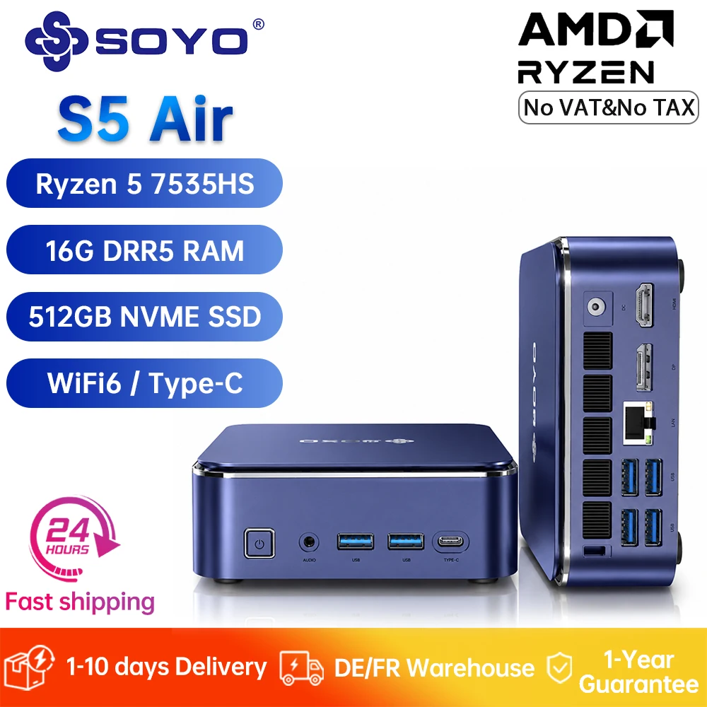 SOYO S5 Air Mini-PC Gaming Ryzen 5 7535HS 16GB DDR5 512GB NVME SSD Win11Pro Unterstützt 4K Dreifach-Display WiFi6/BT5.2 Mini-Computer