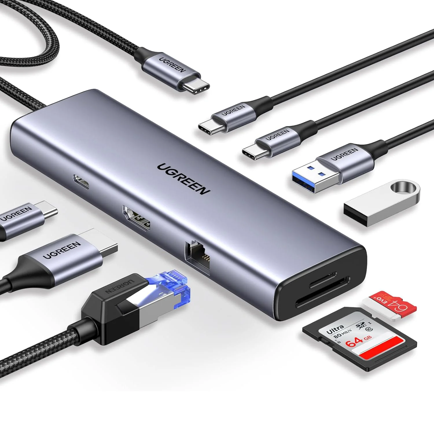 UGREEN Revodok 9 in 1 USB C Hub Gigabit Ethernet Adapter 4K 60Hz-HDMI, 100W PD Charging,USB A&C Data Ports, SD/TF Card Reader