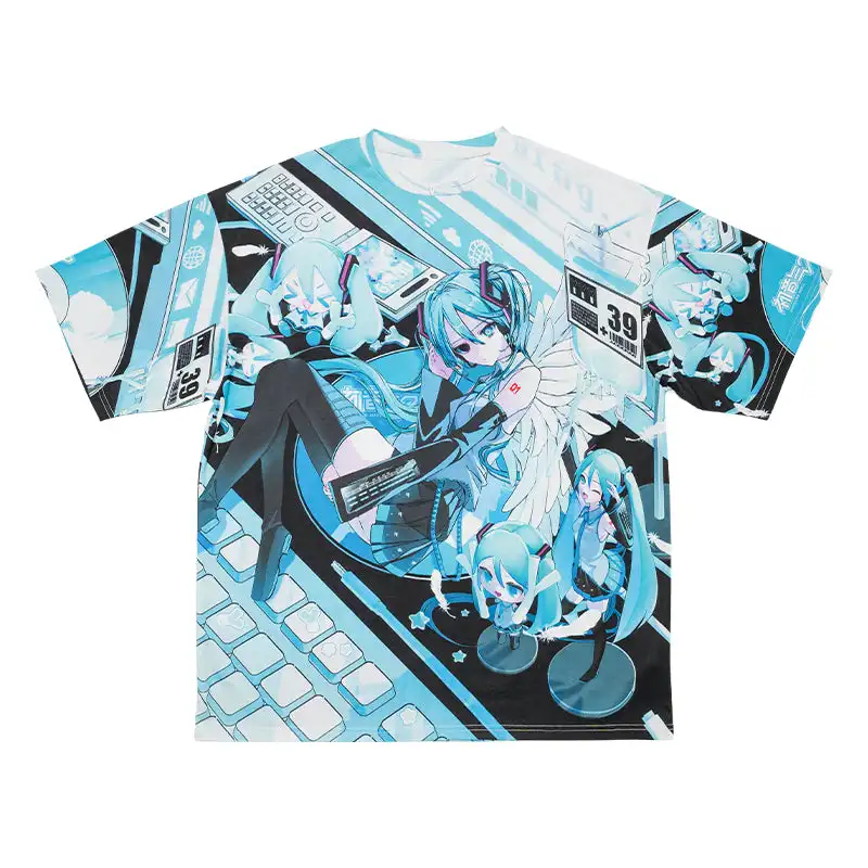 Hatsune Miku Full Print Anime T‑Shirt Short Sleeve for Men Y2K Oversized Loose Fit Vocaloid Manga Casual Streetwear Fan Top