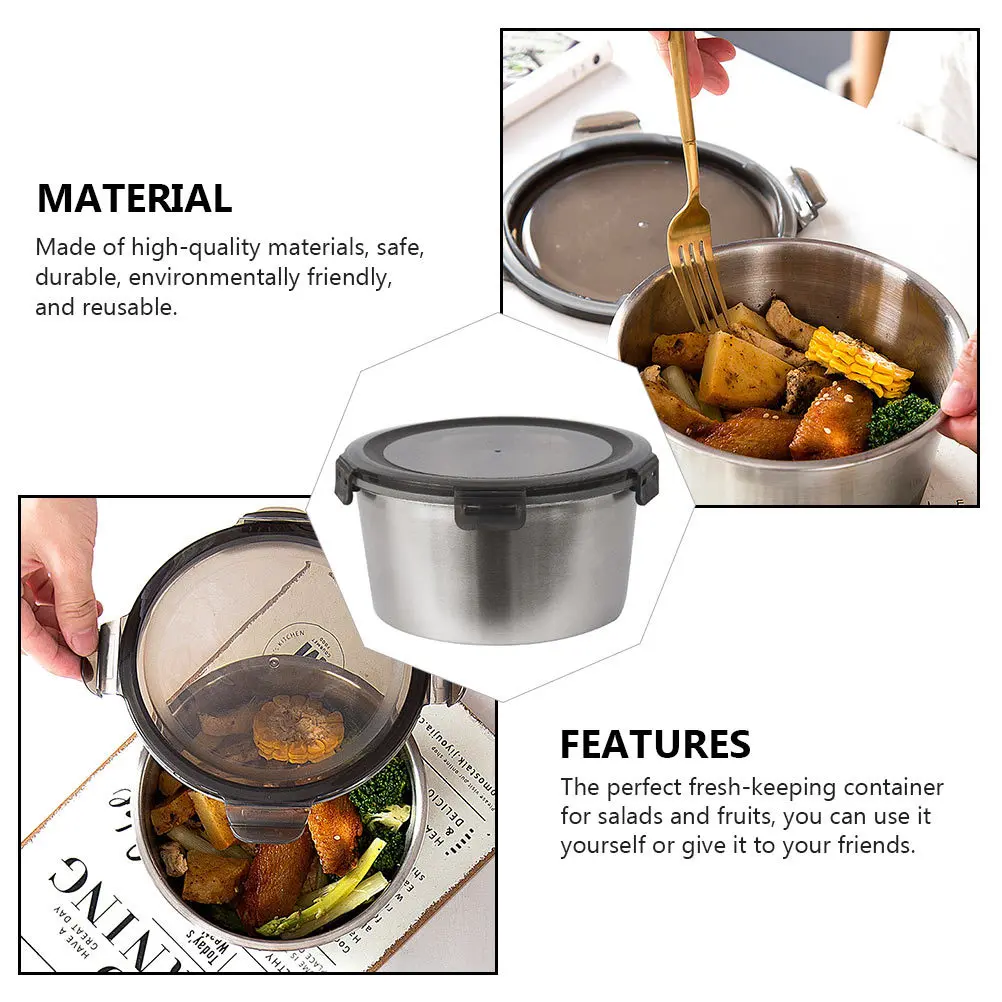 

1pc Stainless Steel Thermal Lunch With Lid Airtight Food Storage Container For Salad Fruit Portable Fresh Keeping Bento Box