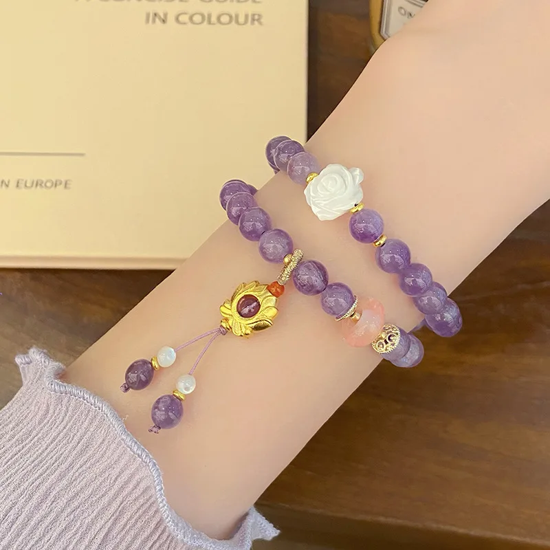 New Chinese Retro Double Circle Amethyst Lotus Tassel Women's National Style Dignified Sense of Design Bracelet Bracele