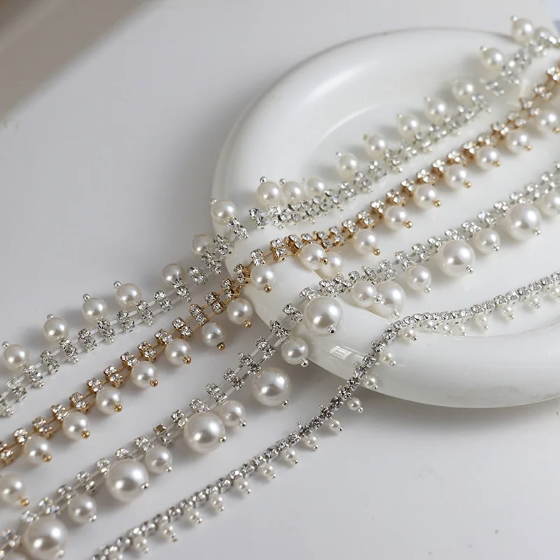 New Style Pearl Rhinestone Cup Chain Sew on Rhinestone Mesh Trim for Wedding Dress Shoes Bags Jewelry Decoration