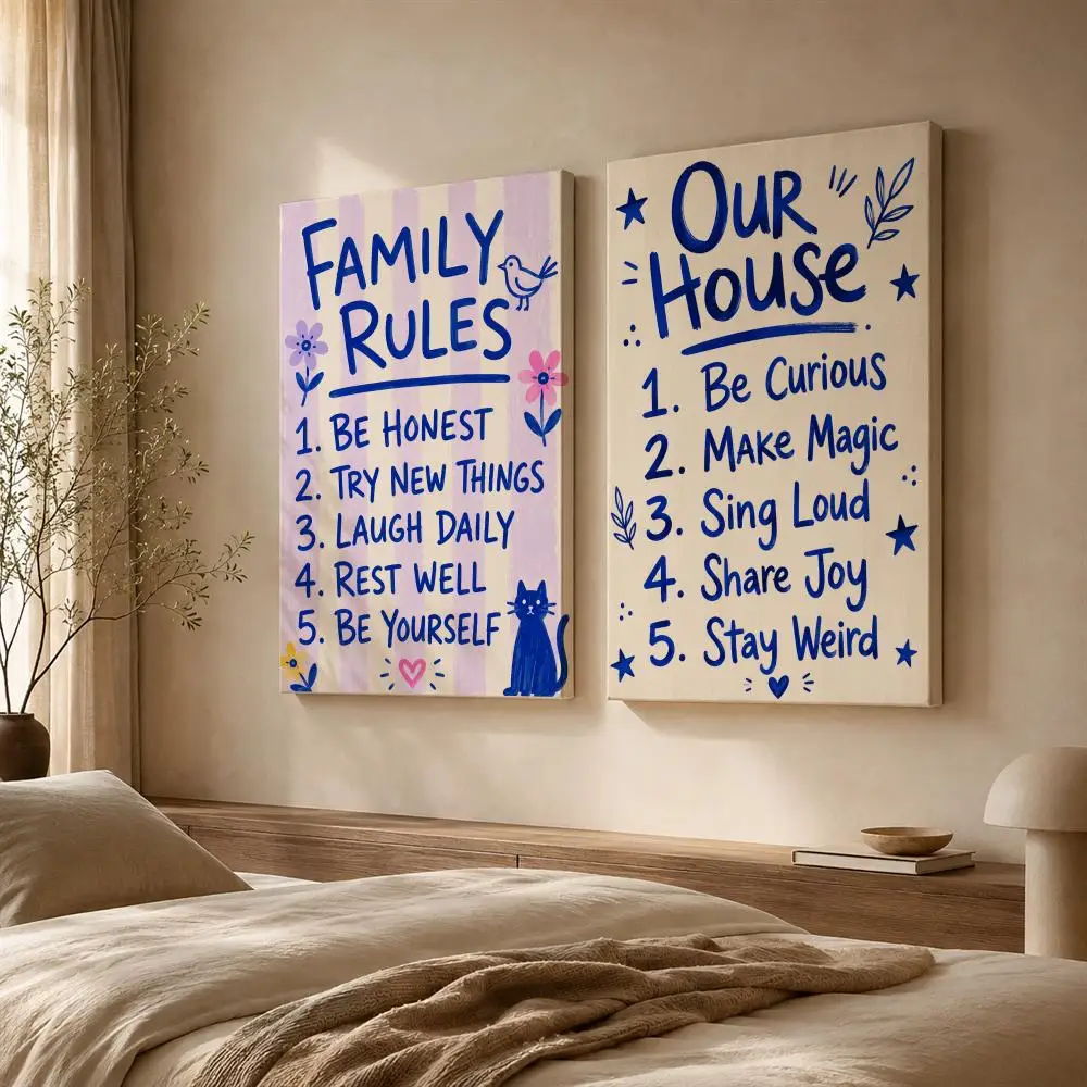 House Rules Positive Framed Wall Painting Ready to Hang Canvas Art Poster for Living Room Bedroom Home Decor Decals