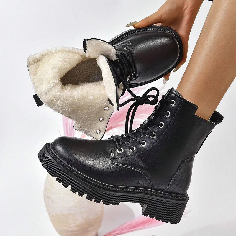 Pu Leather Warm Motorcycle Boots Women Lace-Up Plush Winter Ankle Boots Woman Balck Beige Flat Heel Non-Slip Cotton Botas Mujer