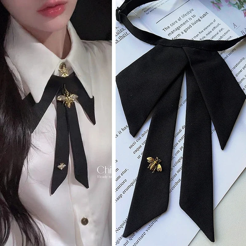 Exquisite College Style Black Fabric Bow Tie Pearl Bee Fashion Shirt Collar Casual Solid Necktie Gifts for Women Accessories