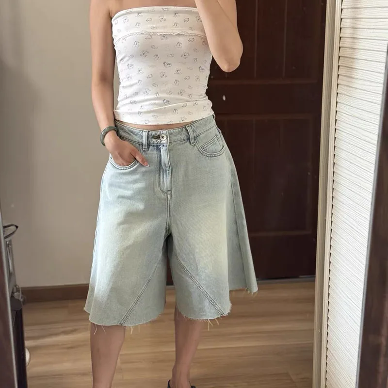 Women Shorts A-line Thin Style Loose Slimming Solid Color Simple Fresh Retro Daily Commuting Casual Versatile Wide Leg Shorts