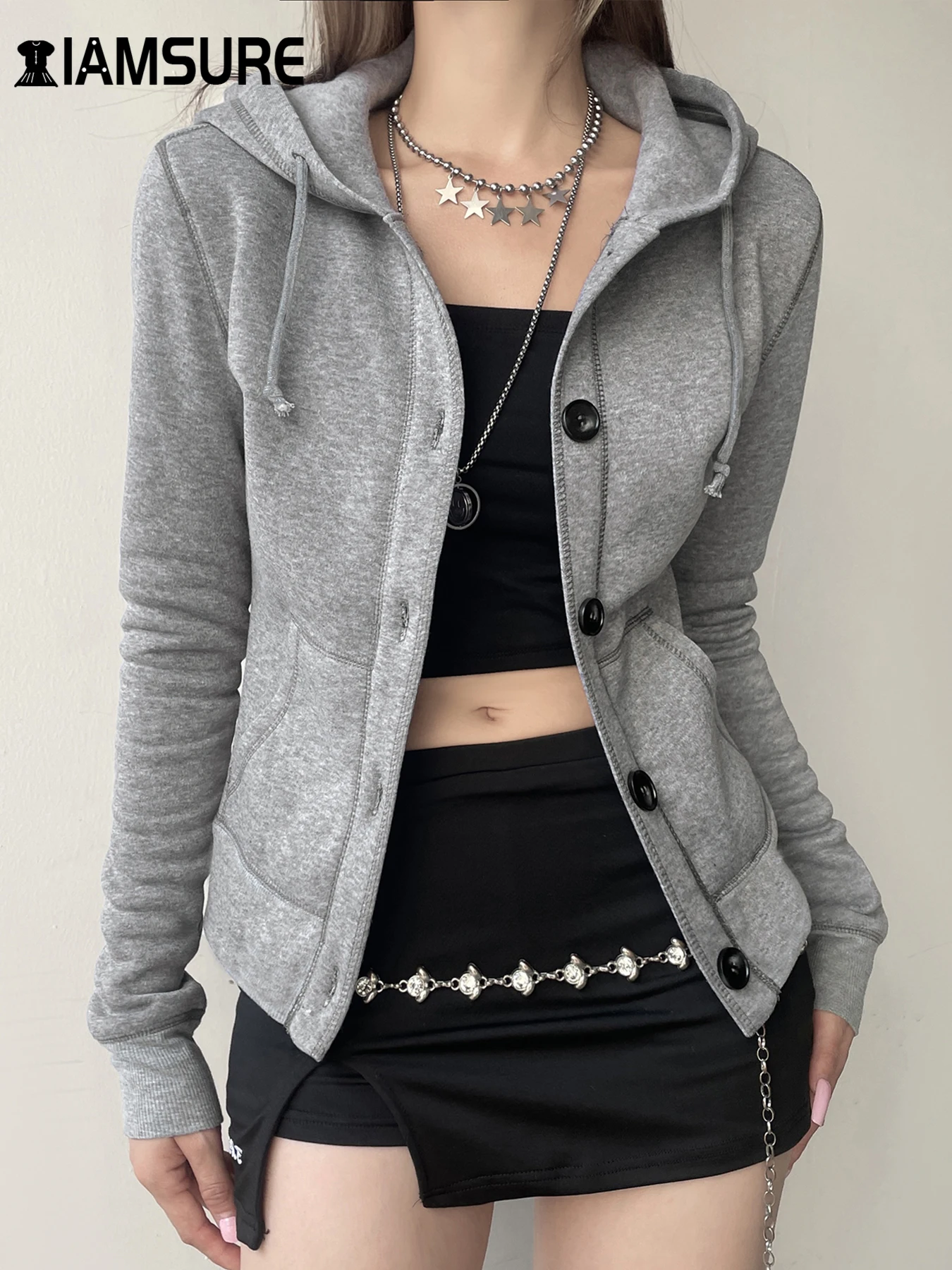 

IAMSURE Casual Solid Big Pockets Sweatshirt Basic Hooded Long Sleeve Coats Hoodies Women 2024 Autumn Winter Fashion Streetwear