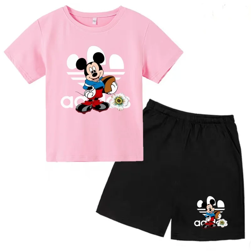 

Children Disney Cute Funny Mickey Mouse Clothes Summer Cool Short-sleeved T-shirt+Shorts 2P Boys Girls 3-12Yrs Sports Casual Set