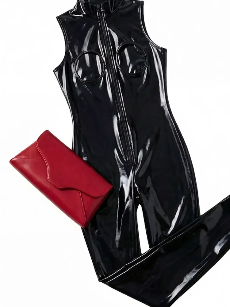 Women Hollow Out Open Breast Faux Latex PVC Shiny Jumpsuit Sleeveless Elastic Shaping Bodysuit Maid Leotard Nightclub Costume