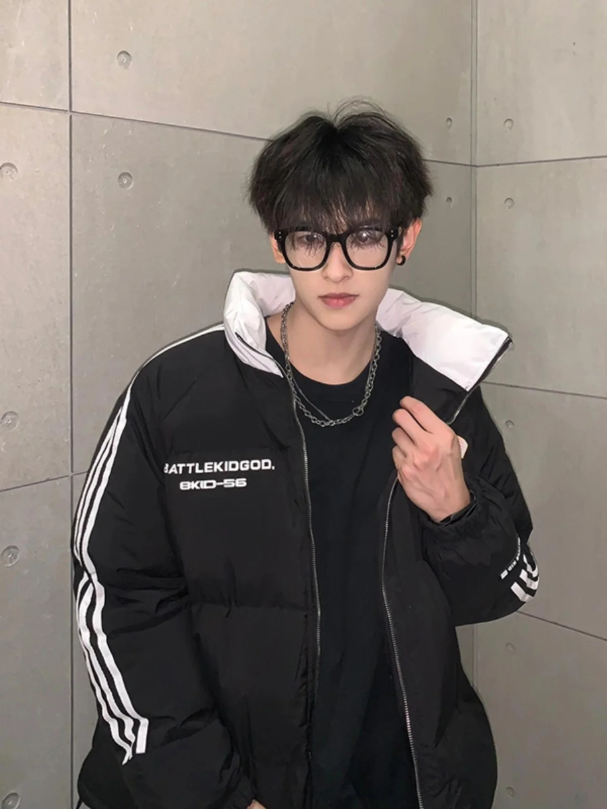 

Thiened Tee-Bar Stripe down Cotton Jaet Men's Winter American Sle Stand Collar Bread Coat Warmth Insulation Cotton Ou...