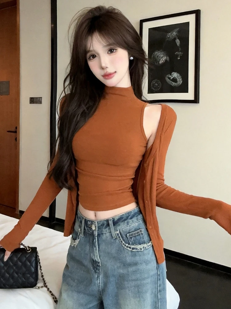 Casual Fashion Sexy High Collar Shoulder Bared Chest Enhancing Long Sleeve Base Layer Vest Slimming Open Cardigan Top Set