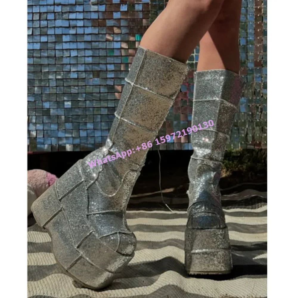 Silvery Bling Platform Boots Wedges Slip On Glitter Women's High Heels Runway Knee High Boots Sexy Unique Design Lolita Shoes
