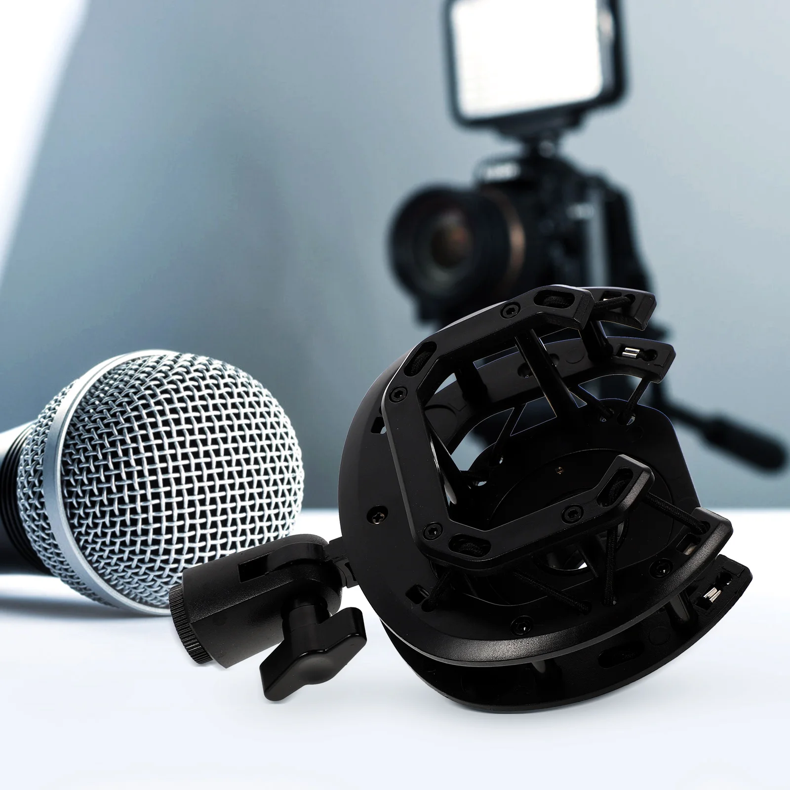 

Anti-Vibration Microphone Shockmount Black Plastic Mic Holder Stand Stable Desktop Support For Lectures Conferences