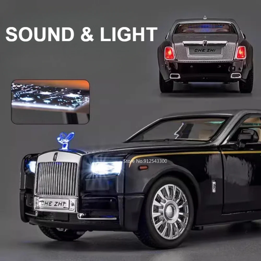 Tamanho grande 1:18 rolls-royce phantom carro brinquedo modelo diecast metal som luz puxar para trás céu estrelado modelos superiores ornamentos de mesa