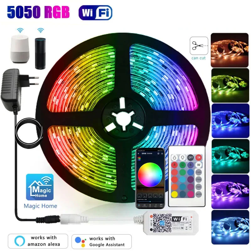 30M 12V LED Strip Light 5050 Rgb Self-Adhesive Smart Wifi Bluetooth Ribbon Tape 15M 20M LED Tape Lights For Wall Room Decoration