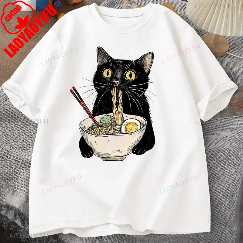 

Noodle Lamian Noodles Cat Printed T-shirt Women's Cotton Fashion Vintage Casual Loose Short Sleeve Round Neck Cotton Tops