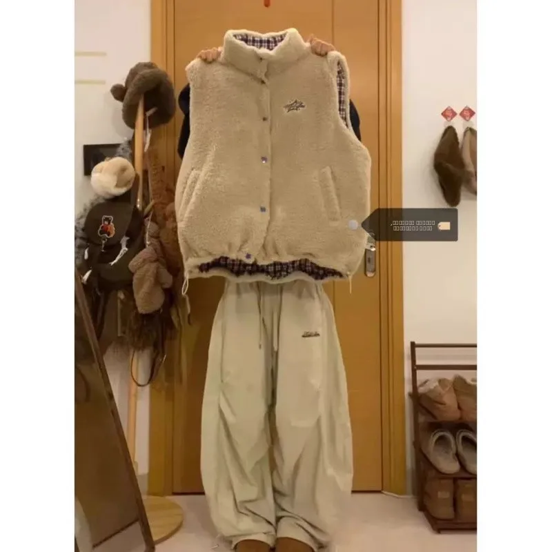 

Men's Loose Fit Warm Lamb Fur Cotton Jaet Vest Autumn Winter Thiened Casual Wear Regular Length Polyester Fiber