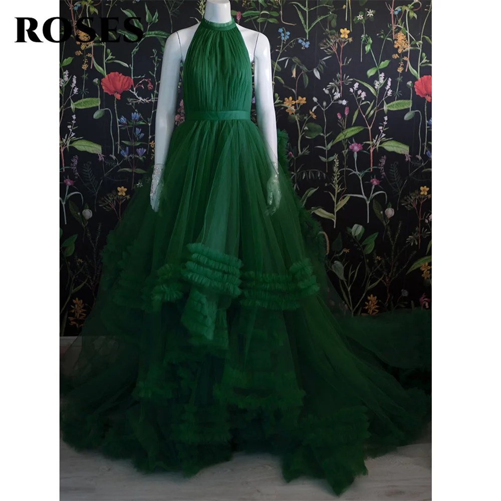 ROSES Dark Green Halter Prom Dress Backless Party Dresses Tiered Tulle Celebrity Gowns Wedding Party Dress Custom вечерние плать